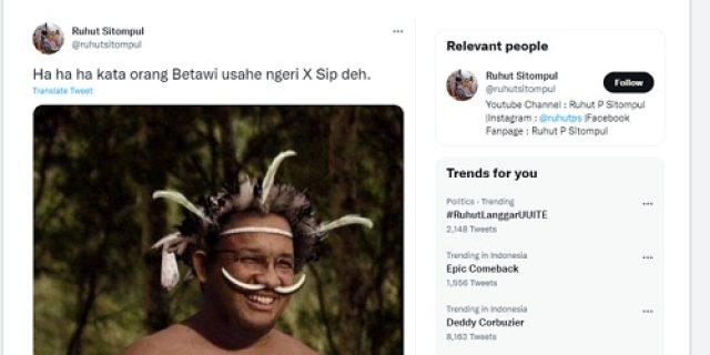 Unggah Foto Editan Anies Pakai Koteka, Akun twitter@ruhutsitompul Dilaporkan Polisi