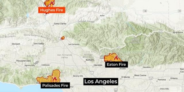 Memetakan kebakaran hutan Hughes yang membakar pegunungan Los Angeles